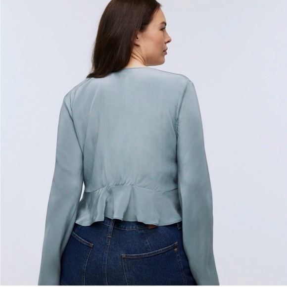 Madewell Satin Peplum Wrap Top in Dusty Blue size 10 - Picture 2 of 8